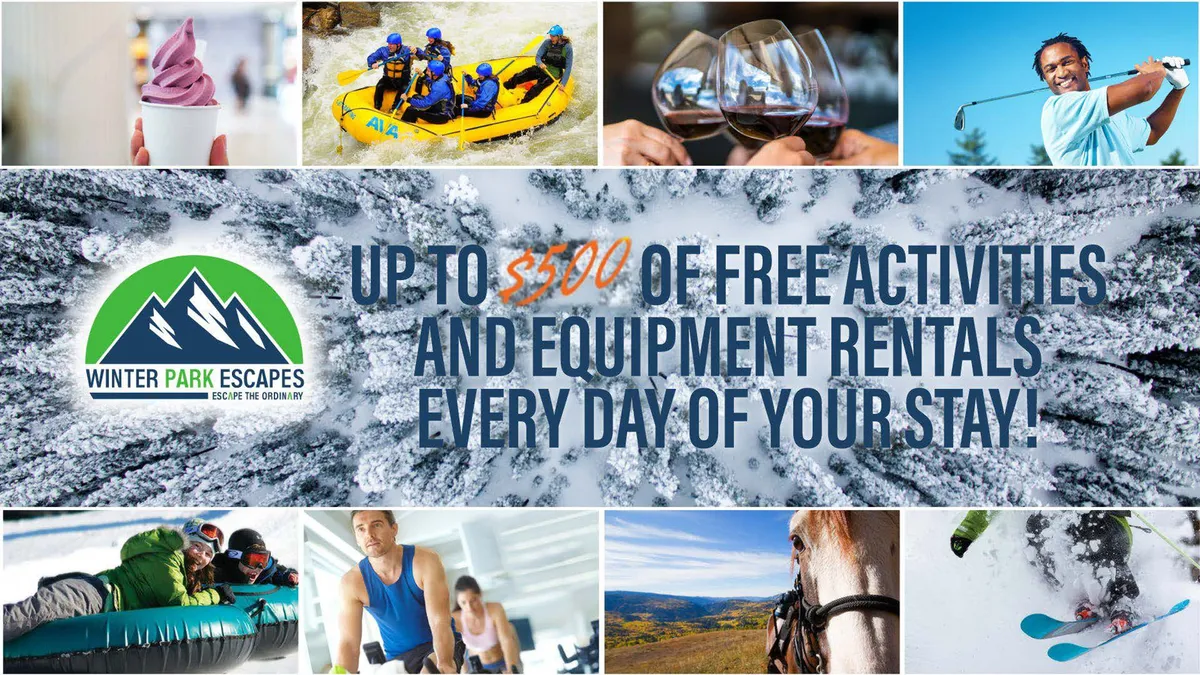 A vibrant, lively collage of various outdoor activities such as rafting, skiing, horseback riding, golfing, and snow tubing, centered in a social, energetic environment. The image hints at the diverse resort-style perks and activities available to guests.