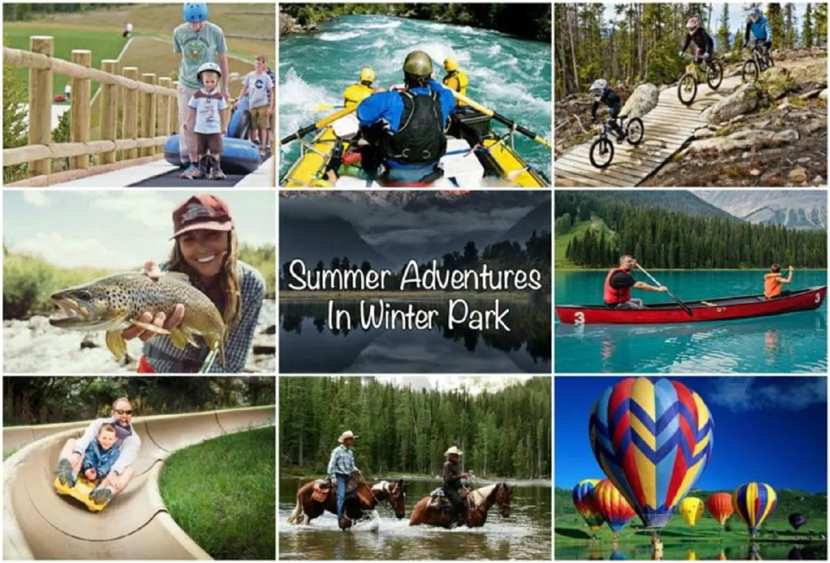 This vibrant exterior shot features families and groups engaging in a range of summer activities, including kayaking, rafting, mountain biking, fishing, and even hot air ballooning, all set against a backdrop of lush nature and colorful scenery. It conveys the active, multi-season spirit of outdoor recreation.