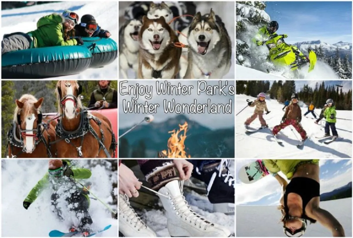 This lively exterior scene captures guests of all ages taking part in winter activities like snow tubing, dog sledding, snowmobiling, and skiing, with a cozy fire pit and children laughing in the snow. The image radiates excitement and festive energy, showcasing wintertime adventures available in the area.